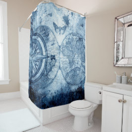 Vintager Kompass | Blue Grunge Seekarte Duschvorhang