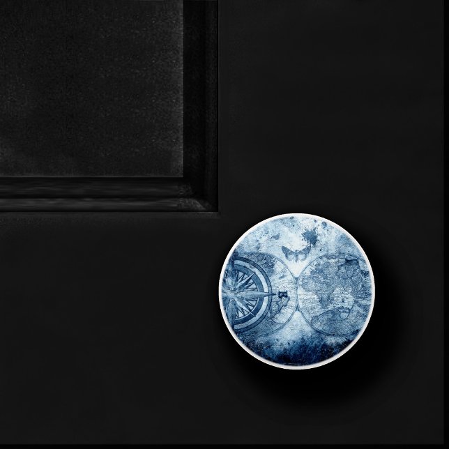 Vintager Kompass | Blue Grunge Seekarte Keramikknauf (Von Creator hochgeladen)