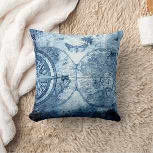 Vintager Kompass Blue Grunge Seekarte Kissen