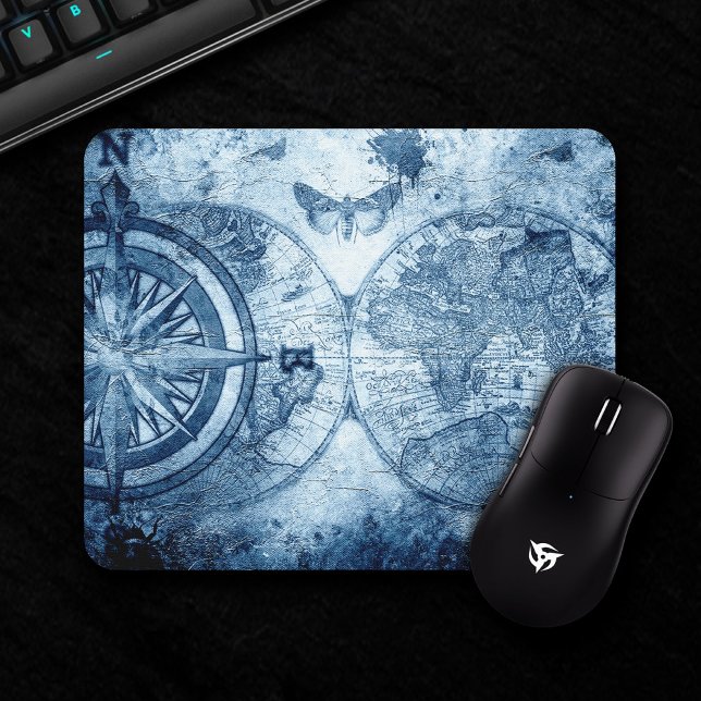 Vintager Kompass | Blue Grunge Seekarte Mousepad (Von Creator hochgeladen)