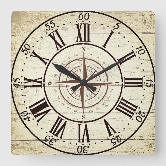 Vintager Kompass Quadratische Wanduhr (Vorderseite)