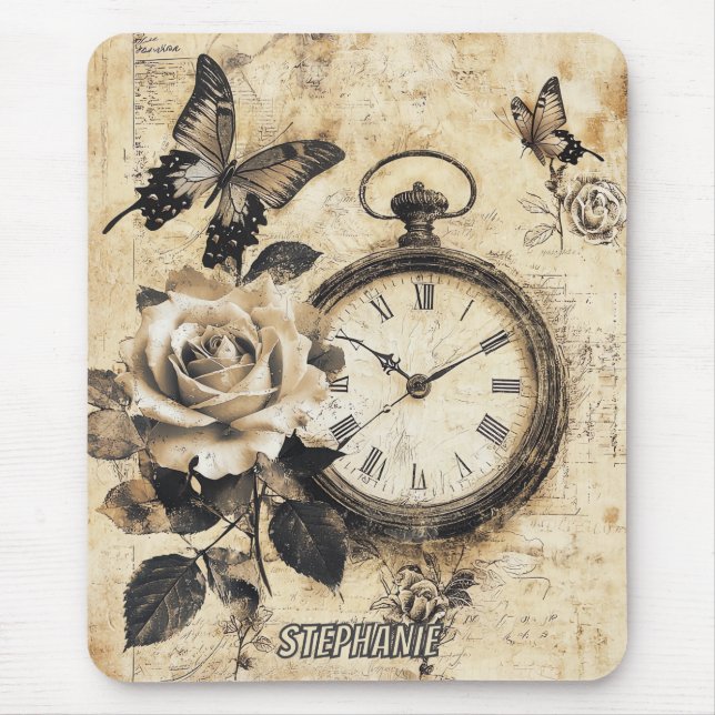 Vintager Kompass und Schmetterling - rustikales Pa Mousepad (Vorne)