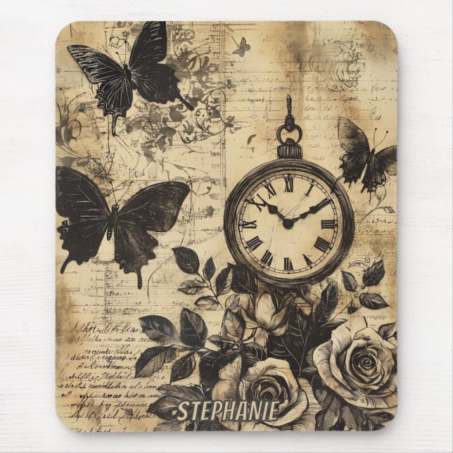 Vintager Kompass und Schmetterling - rustikales Pa Mousepad (Vorne)