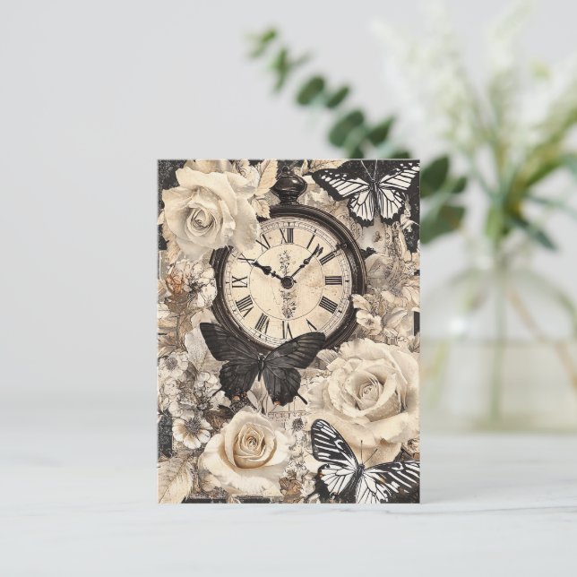 Vintager Kompass und Schmetterling - rustikales Pa Postkarte (Stehend Vorderseite)