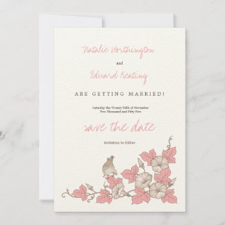 Vintager Korallenvogel und Blume Hochzeit Sichern Save The Date