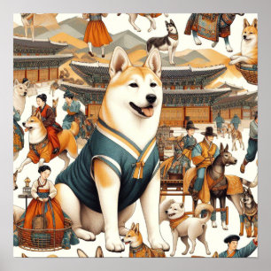 Vintager koreanischer Jindo Hund Nahtlose Illustra Poster