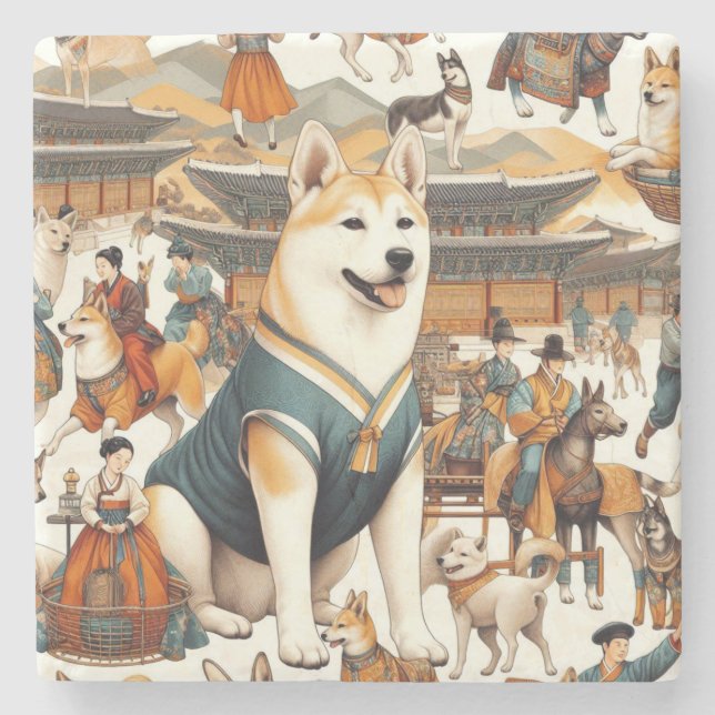 Vintager koreanischer Jindo Hund Nahtlose Illustra Steinuntersetzer (Vorderseite)