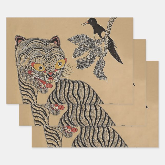 Vintager koreanischer Minhwa Tiger Scroll Geschenkpapier Set (Set)