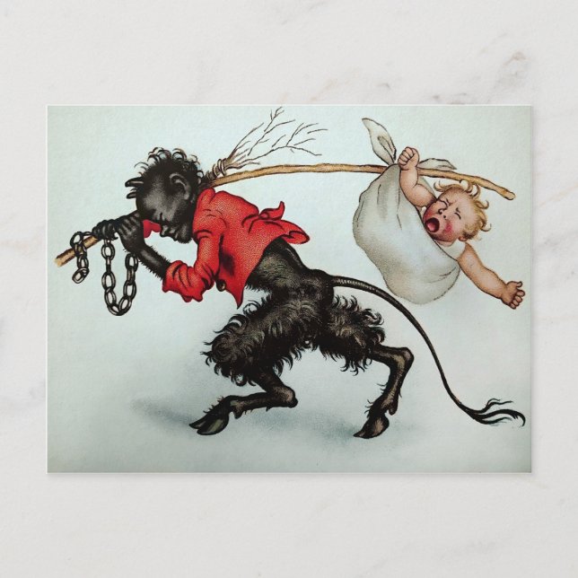 Vintager Krampus, der ein Baby stiehlt Postkarte (Vorderseite)