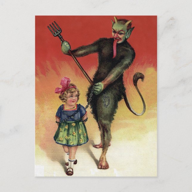 Vintager Krampus mit Girl Postkarte (Vorderseite)