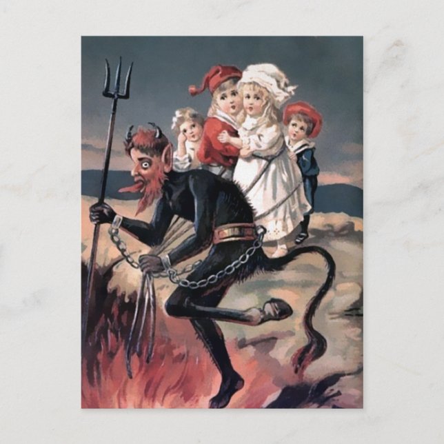 Vintager Krampus mit Kindern Postkarte (Vorderseite)