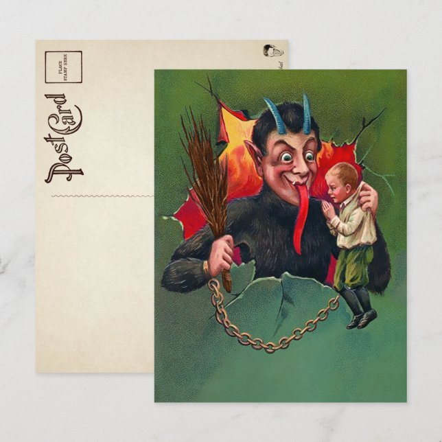 Vintager Krampus mit Kinderpostkarte Postkarte (Vorne/Hinten)