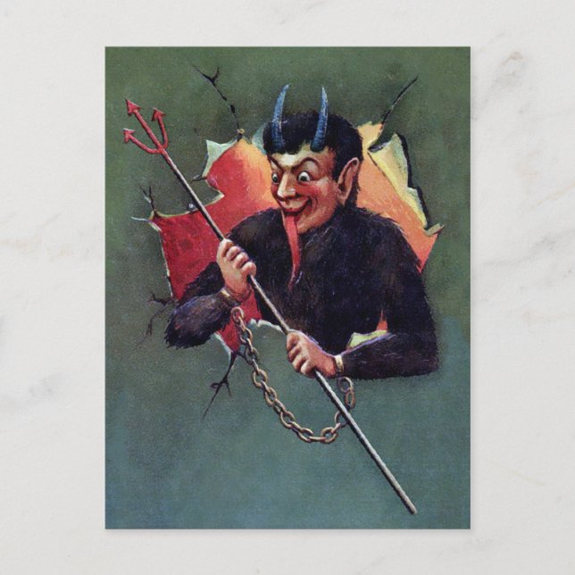 Vintager Krampus mit Pitchfork Postkarte (Vorderseite)