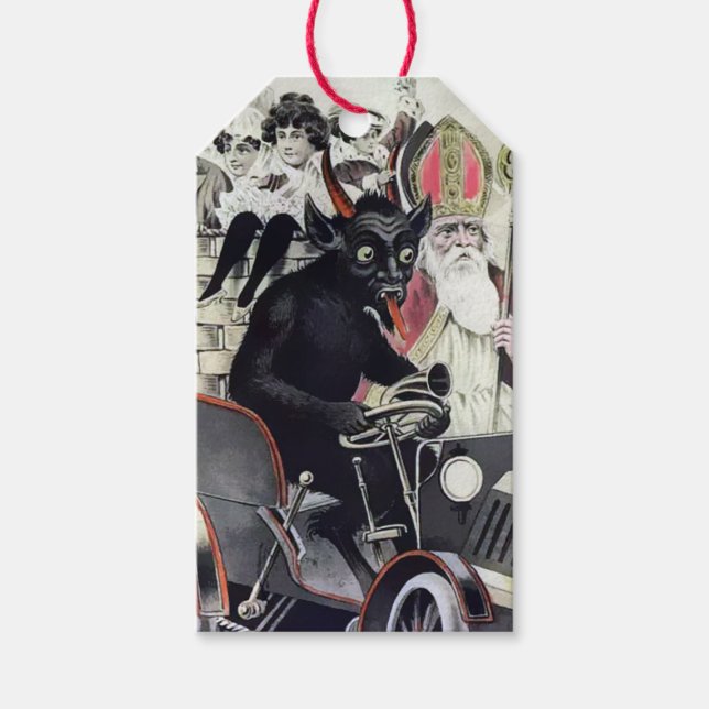 Vintager Krampus und Santa Geschenkanhänger (Vorderseite)