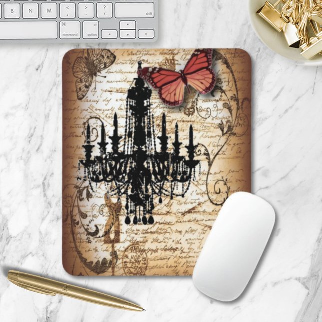 Vintager Kronleuchter aus Steampunker-Glattbutterf Mousepad (steampunk goth butterfly paris vintage chandelier mouse pad)