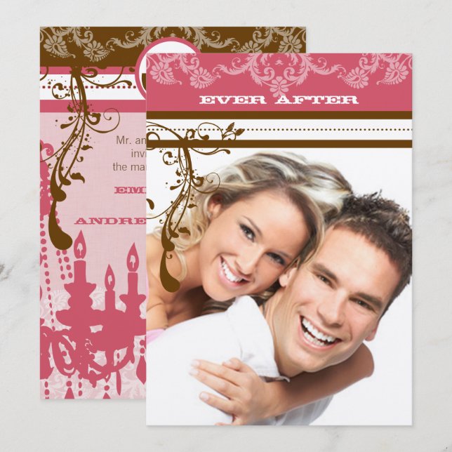 Vintager Kronleuchter in Rosa und Schokolade Einladung (Vorne/Hinten)