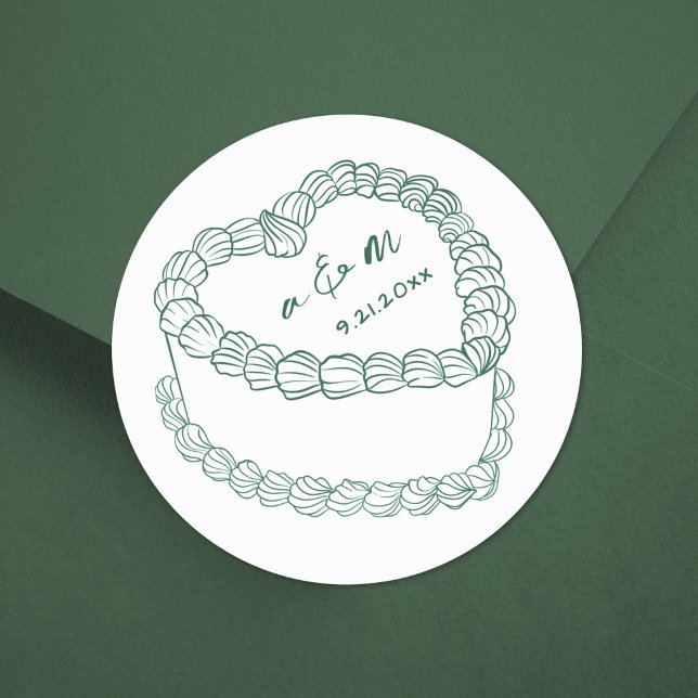 Vintager Kuchen-Grüne Whimsikensehen Runder Aufkleber (Hand Drawn Vintage Cake Green Whimsical Wedding Classic Round Sticker )