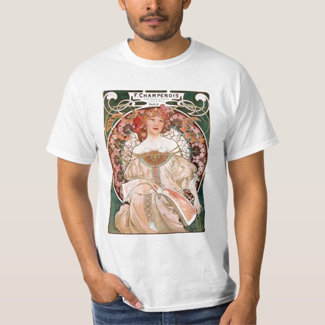 Vintager Kunst Nouveau Mucha Druck T-Shirt (Vorderseite)