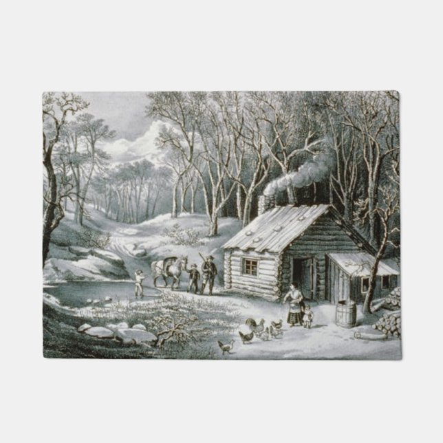Vintager Kurier & Ives Blockhütte Weihnachten Fußmatte (Vorderseite)