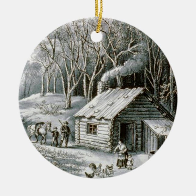 Vintager Kurier & Ives Blockhütte Weihnachten Keramik Ornament (Vorne)