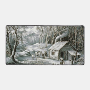 Vintager Kurier & Ives Blockhütte Weihnachten Schreibtischunterlage