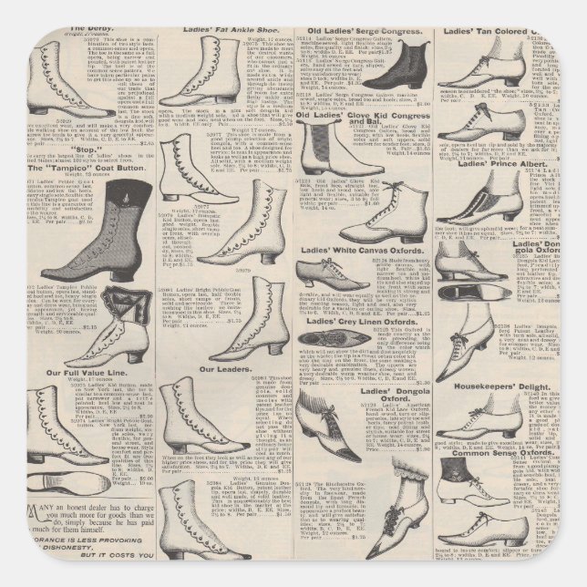 Vintager Ladys' Shoes Katalog - Mode der 1900er Ja Quadratischer Aufkleber (Vorderseite)
