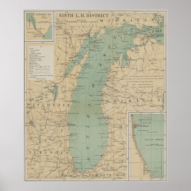 Vintager Lake Michigan Lighthouse Karte (1898) Poster (Vorne)