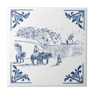 Vintager Landpferdhof Farm Delft Blue & White Fliese
