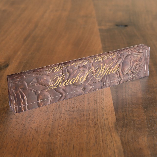 Vintager lederner Rosenblick Namensplakette (Seite)