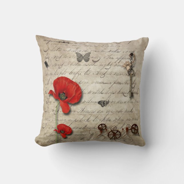 Vintager Letter & Poppy Throw Kissen (Vorderseite)
