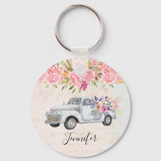 Vintager Lieferwagen LKW Rustikale Wasserfarbe Schlüsselanhänger (Vorderseite)
