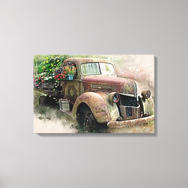 Vintager Lieferwagen LKW/Wilde Blume Canvas Print Leinwanddruck (Vorderseite)