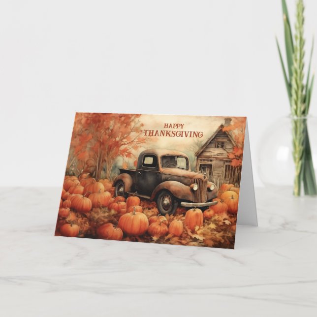 Vintager Lieferwagen und Pumpkins Erntedank Feiertagskarte (Vorderseite)