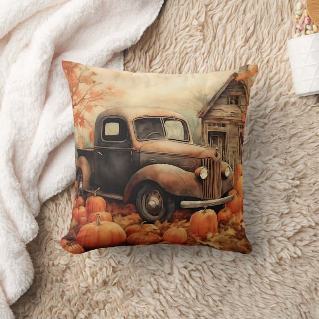 Vintager Lieferwagen und Pumpkins Herbst Kissen (Decke)