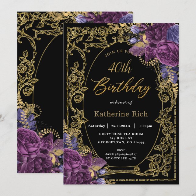 Vintager Lila Blumenantik Geburtstag  Einladung (Vorne/Hinten)