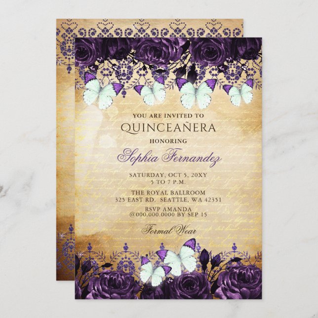 Vintager Lila Blumenschmetterling Quinceñera Einladung (Vorne/Hinten)