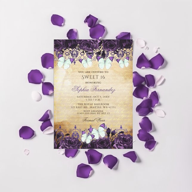 Vintager Lila Blütenschmetterling Süß 16 Einladung (Vintage Purple Floral Butterfly Sweet 16 Invitation)