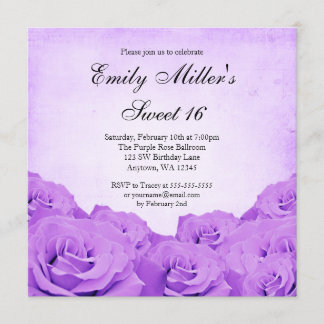Vintager lila Rosen-Bonbon 16 Geburtstags-Party Einladung
