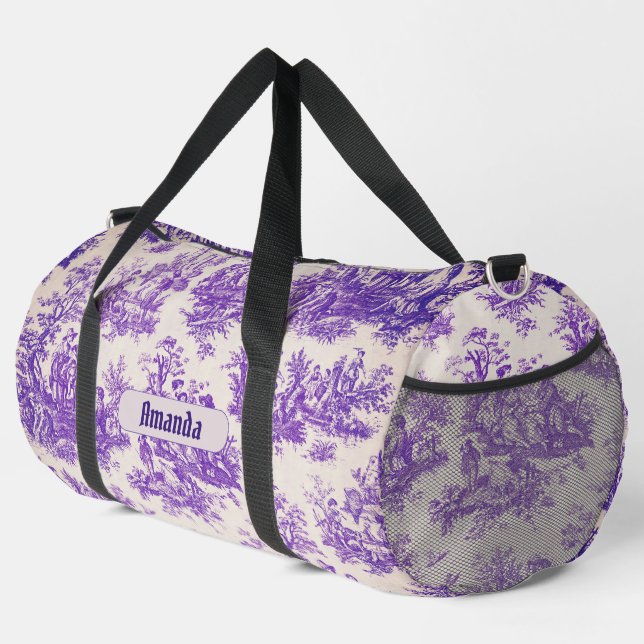 Vintager lila Toile de jouy monogramm Duffle Bag (Rechte Ecke)
