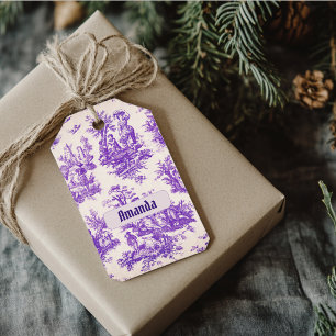 Vintager lila Toile de jouy monogramm Geschenkanhänger