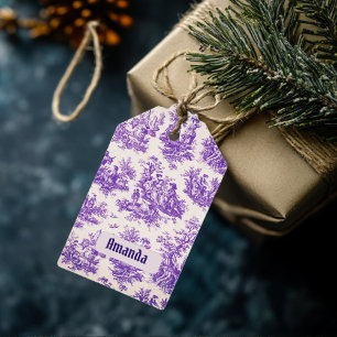 Vintager lila Toile de jouy monogramm Geschenkanhänger