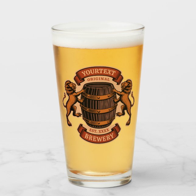 Vintager Lion Oak Barrel Personalisiert Brauerei B Glas (Vorne (Gefüllt))
