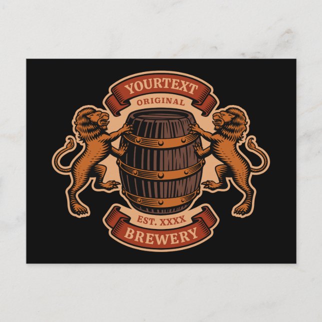 Vintager Lion Oak Barrel Personalisiert Brauerei B Postkarte (Vorderseite)