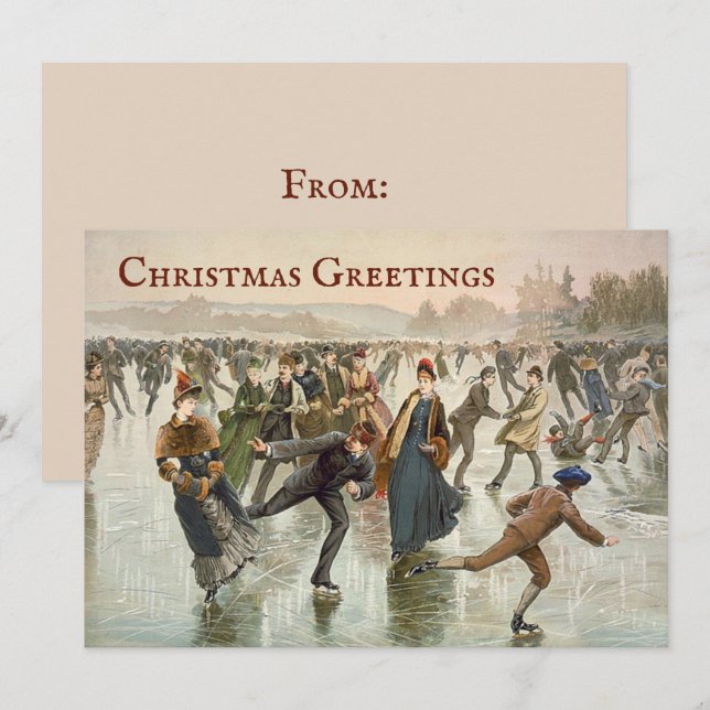 Vintager Lithograph von EisSkatern Weihnachten (Vorne/Hinten)