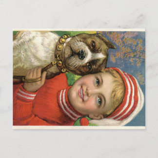 Vintager Lithograph von Young Boy and Dog Postkarte