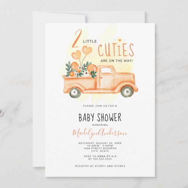 Vintager LKW 2 Kleine Süssen Twins Kinderdusche Einladung (Vorderseite)