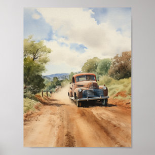 Vintager LKW-Abholservice auf dem Land Wasserfarbe Poster