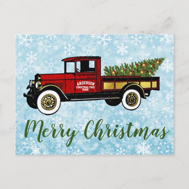 Vintager LKW Ihr Weihnachtsbaumhof Postkarte (Vorderseite)