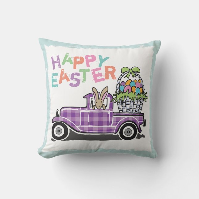 Vintager LKW-lila Gingham-glücklicher Osterhase Kissen (Vorderseite)
