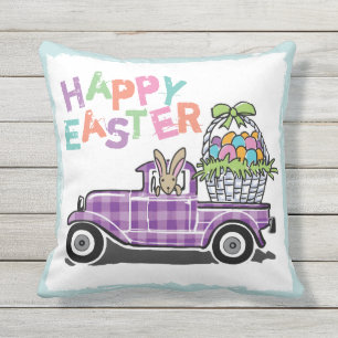 Vintager LKW-lila Gingham-glücklicher Osterhase Kissen